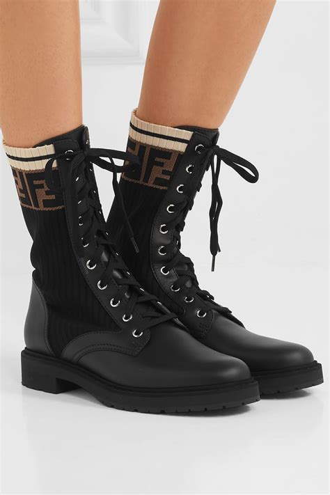 fendi logo-jacquard stretch-knit and leather ankle boots|Fendi Women's Designer Booties .